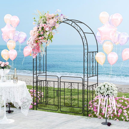 Dreamade Garden Arbor with Gate, 84" H x 54" W Metal Arch Trellis for Climbing Plants Rose Vines
