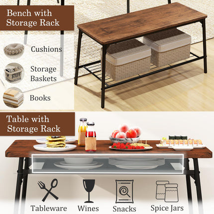 Dreamade Dining Table Set for 4, Kitchen Table with Bench & 2 Chairs, Storage & Metal Frame