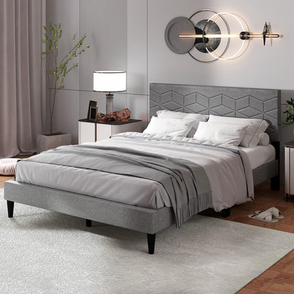 Dreamade Queen/Full/Twin Size Upholstered Bed Frame Modern Platform Bed with Linen Fabric Geometric Headboard