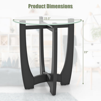 Dreamade Glass End Table, Round Side Table with Rubber Wood Frame & Tempered Glass Top, 23.5" Small Black Coffee Table