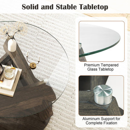 Dreamade 32inch Glass Round Coffee Table with Clear Tempered Glass Top Solid Wood Legs