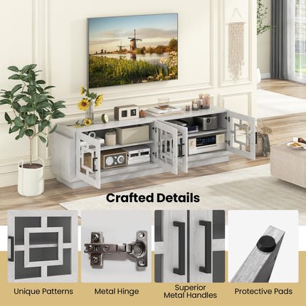 Dreamade Farmhouse TV Stand for TVs up to 75”, 4-Door Glass Entertainment Center with 2 Cabinets