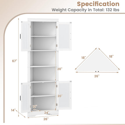 Dreamade 67" Tall Corner Cabinet Space-Saving Triangular Storage Cabinet w/ 4 Tempered Glass Doors