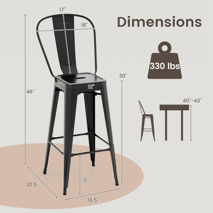Dreamade Metal Bar Stools Set of 4, 30" High Back Bar Height Chairs w/Footrest & Removable Backrest