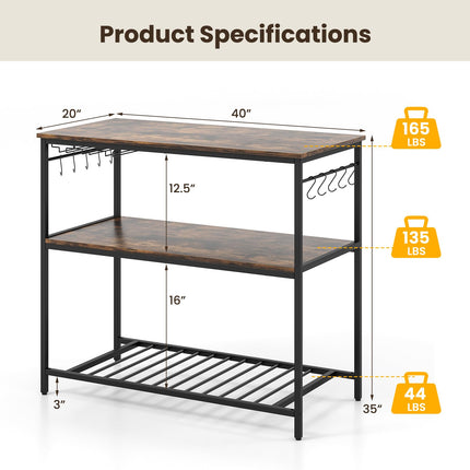Dreamade Kitchen Baker Rack with 3 Tier Storage Shelves, 10 Hooks, Glass Holder, 40" Stationary Island with Spacious Worktop