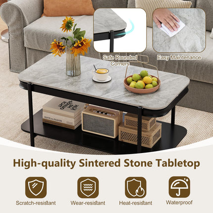 Dreamade 2-Tier Coffee Table with Storage Faux Mable Center Table w/Sintered Stone Top