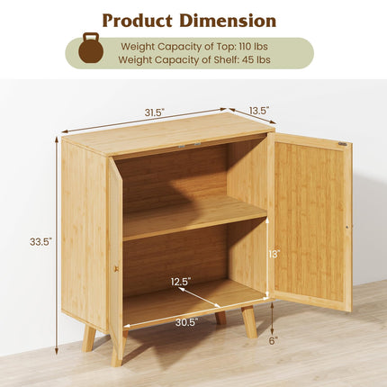Dreamade 2 Tier Bamboo Sideboard with PE Rattan Decorated Doors