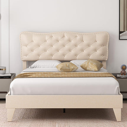 Dreamade Full Size Bed Frame Beige, Linen Fabric Upholstered Platform Bed Frame with Nail Headboard