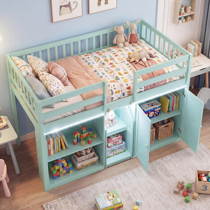 Dreamade Low Loft Bed Twin Size with LED Lights, Wooden Bed Frame