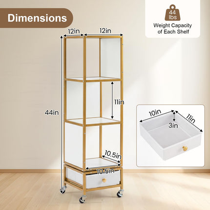 Dreamade 4-Tier Rotating Bookshelf | 360° Spinning Corner Book Shelf Tower W/Removable Fabric Storage Drawer