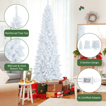 Dreamade 7ft White Pre-Lit Pencil Christmas Tree, Artificial Hinged Slim Tree with 800 Tips, 300 Warm White Lights - DreamadeUS
