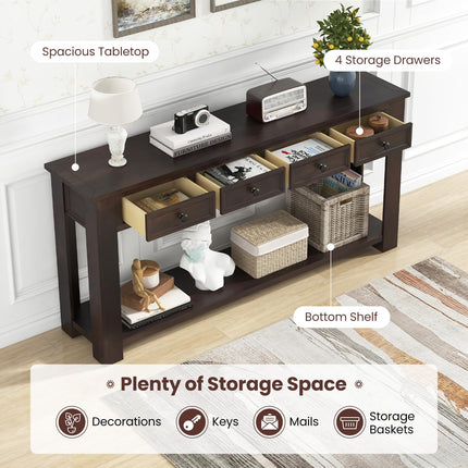 Dreamade 63" Farmhouse Entryway Table, Narrow Console Table w/ 4 Storage Drawers & Open Shelf