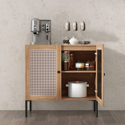 Dreamade Buffet Cabinet, Wood Sideboard Storage Cabinet with Rattan Door, 3-Position Adjustable Shelf