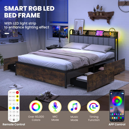 Dreamade Queen/Full/Twin Size LED Bed Frame with Charging Station, Metal Platform Bed with Upholstered Headboard & 4 Storage Drawers