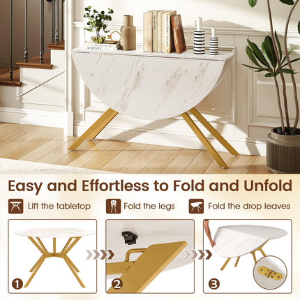 Dreamade Folding Dining Table for 4-6 People 47" Round Drop Leaf Table with Metal Frame