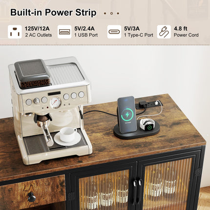 Dreamade Industrial Buffet Sideboard with Power Outlets and LED Light