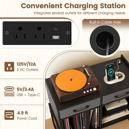 Dreamade Large Record Player Stand with Charging Station Mid Century Modern Vinyl Storage Cabinet