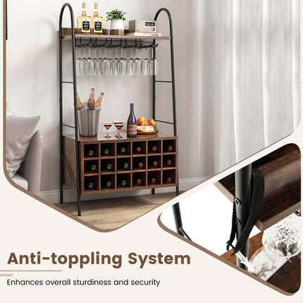 Dreamade 18-Bottle Wine Rack Freestanding Floor, Kitchen Baker’s Rack w/ 15 Glasses Holder, Rustic Brown