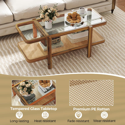 Dreamade Rattan Coffee Table, 47.5" Rectangle Solid Wood Tea Table w/Tempered Glass Tabletop