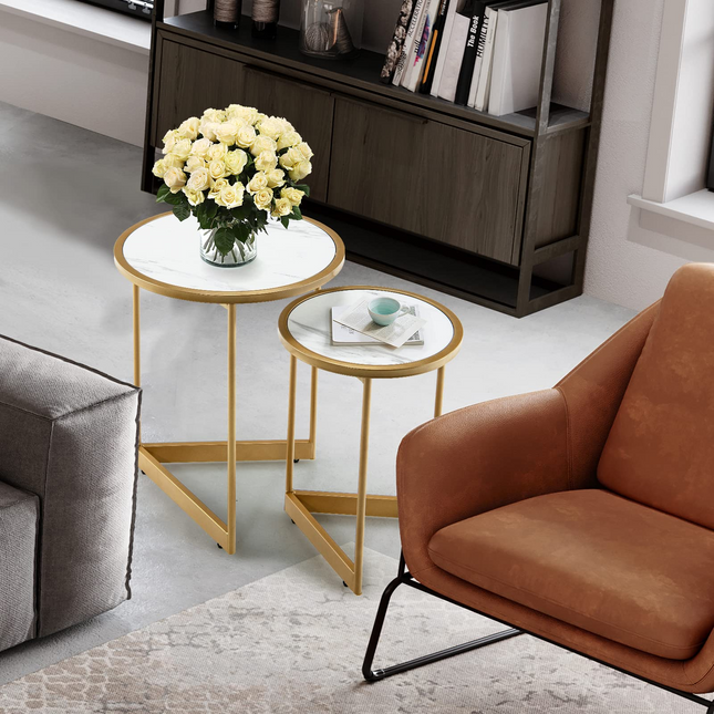Dreamade Round Nesting Table Set of 2, Modern Marble Texture Coffee Tables