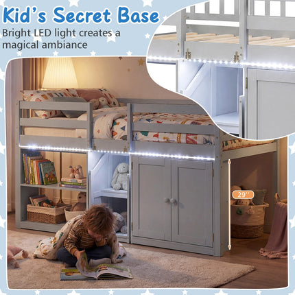 Dreamade Low Loft Bed Twin Size with LED Lights, Wooden Bed Frame