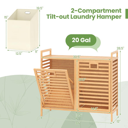 Dreamade 20 Gal Bamboo Tilt Out Laundry Hamper with 2 Removable & Foldable Fabric Bins