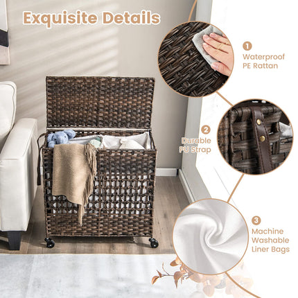 Dreamade Laundry Hamper with Wheels and Lid, 33 Gal (125L) Wicker Laundry Basket, 2 Removable Liner Bags