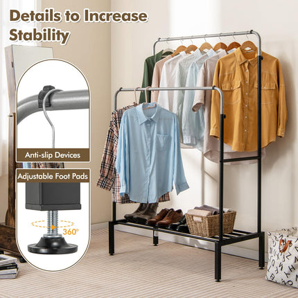 Dreamade Double Rods Garment Rack, 2 Heights Adjustable Clothing Rack, Heavy Duty Metal Frame Hanging Clothes Rack