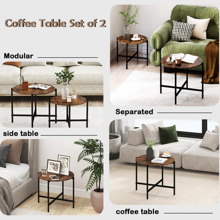 Dreamade Round Coffee Table Set of 2, Nesting Tables with Metal Frame, Imitated Wood Grain Top