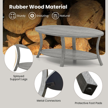 Dreamade 44 Inch Oval Coffee Table 2-Tier Center Table with Storage Shelf & Rubber Wood Frame