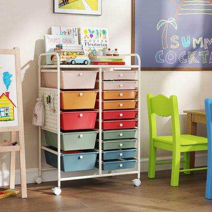 Dreamade 15 Drawer Storage Cart | Rolling Craft Cart with Metal Tabletop & Pegboard