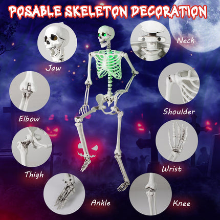 Dreamade 63" Life-Size Posable Skeleton with Green LED Lights Halloween Lighted Skeleton Decoration