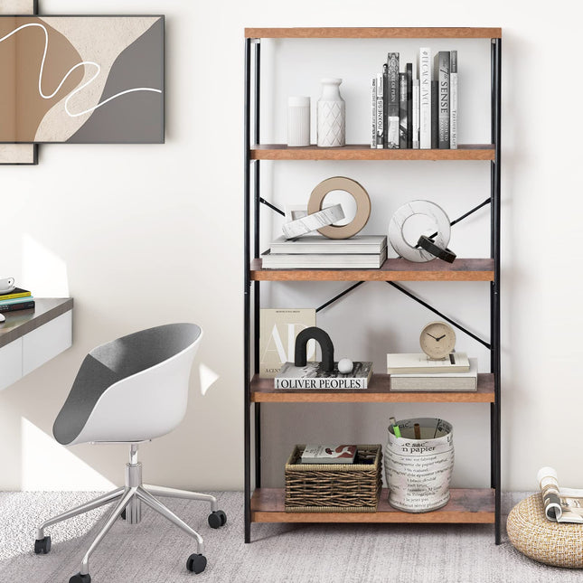 Dreamade Industrial 5-Tier Wood Bookshelf - 63’’ Tall Open Storage Organizer Shelves with Anti-Tipping Device and Foot Pads