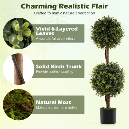 Dreamade 3 FT Artificial Boxwood Topiary Trees Set of 2 Faux Outdoor Topiary Ball Tree with Cement-Filled Pot