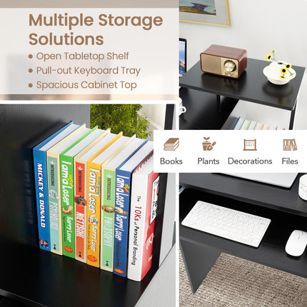 Dreamade Computer Desk with Keyboard Tray, Compact Home Office Desk with Fabric Drawer & Storage Shelf