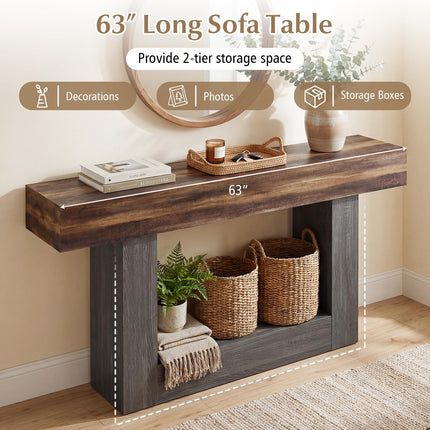 Dreamade 63" Farmhouse Console Table | 2-Tier Narrow Entryway Table with Storage Shelf