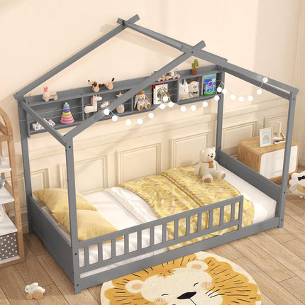 Dreamade Twin Floor House Bed with Storage Shelf, Wood Twin Bed Frames with Headboard & Guardrail