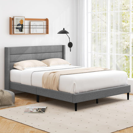 Dreamade Queen/Twin Size Bed Frame, Modern Linen Upholstered Platform Bed with Wingback Headboard