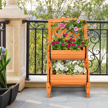 Dreamade Raised Garden Bed with 2 Barrel Planters & Trellis, 2-Tier Freestanding Wooden Raised Bed for Vegetable Flower Fruit