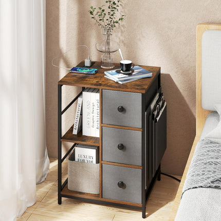 Dreamade Industrial Nightstand with Charging Station - End Side Table w/3 Fabric Drawers