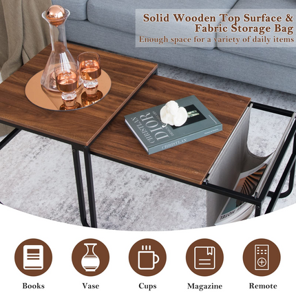 Nesting Coffee Table Set of 2, Stackable Side Table w/Side Pocket