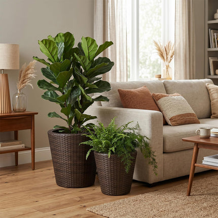 Dreamade Set of 2 Plastic Planters | 15 Inch & 11.5 Inch Taper Rattan Planters with Drainage Holes