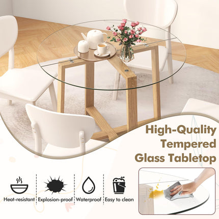 Dreamade 42” Round Dining Table for 4, Kitchen Table with 0.3” Tempered Glass Tabletop, Rubber Wood Legs