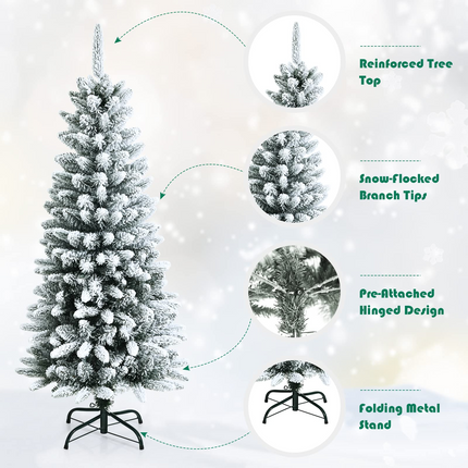 Dreamade Snow Flocked Pencil Christmas Tree, Hinged Artificial Slim Xmas Tree - DreamadeUS