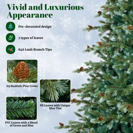 Dreamade 7ft Pre-Lit Artificial Christmas Tree, Hinged Full Xmas Pine Tree with 340 Warm White LED Lights