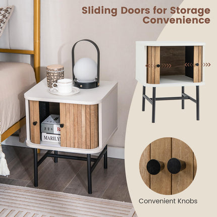 Dreamade Mid-Century Modern Nightstand, Wood Bedside Table with Sliding Doors and 4 Metal Legs