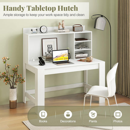 Dreamade Computer Desk with Hutch, Modern Home Office Desk with Power Outlets, Storage Shelves & Cable Hole