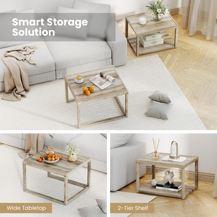 Dreamade Nesting Coffee Tables Set of 2 with Storage Shelf Rubber Wood