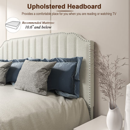 Dreamade Queen/Full/Twin Size Upholstered Bed Frame, Linen Platform Bed w/Rivet Headboard, Heavy Duty Mattress Foundation