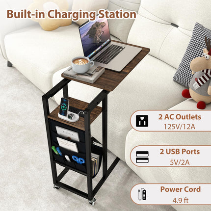Dreamade C Shaped End Table with Charging Station and Wheels